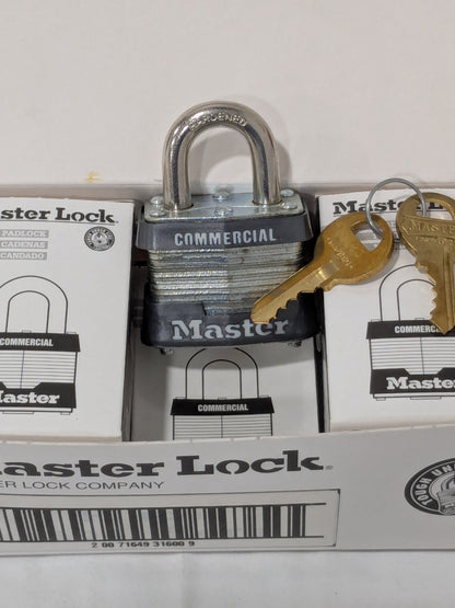 Master Lock Padlock: Laminated Steel, Keyed Different, 1-9/16" Wide Box of