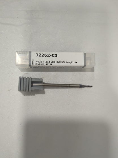 HARVEY TOOL Ball End Mill 0.0620" Dia 3 Fl Solid Carbide 32262-C3