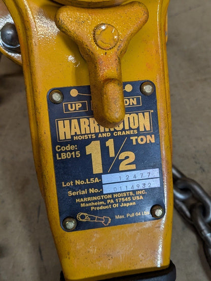 Harrington Lever Chain Hoist 3000 lb Capacity 10ft Lift LB015-10 Parts / Repair