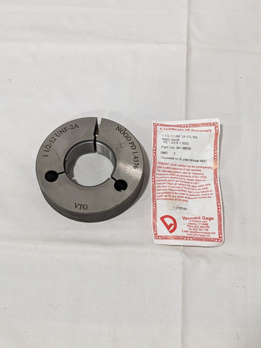 Vermont Gage Threaded Ring Gage: 1-1/2-12 Thread, UNF, Class 2A, No Go 361188030