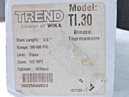 Wika Bi-Metal Thermometer SS 2-1/2" Stem 50 to 400° F TI.30 30025A009G4