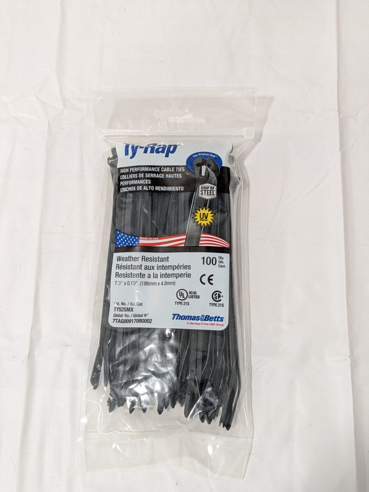 Thomas & Betts Standard Cable Tie: 7.31" Long, Black, Nylon Bag of 100 TY525MX