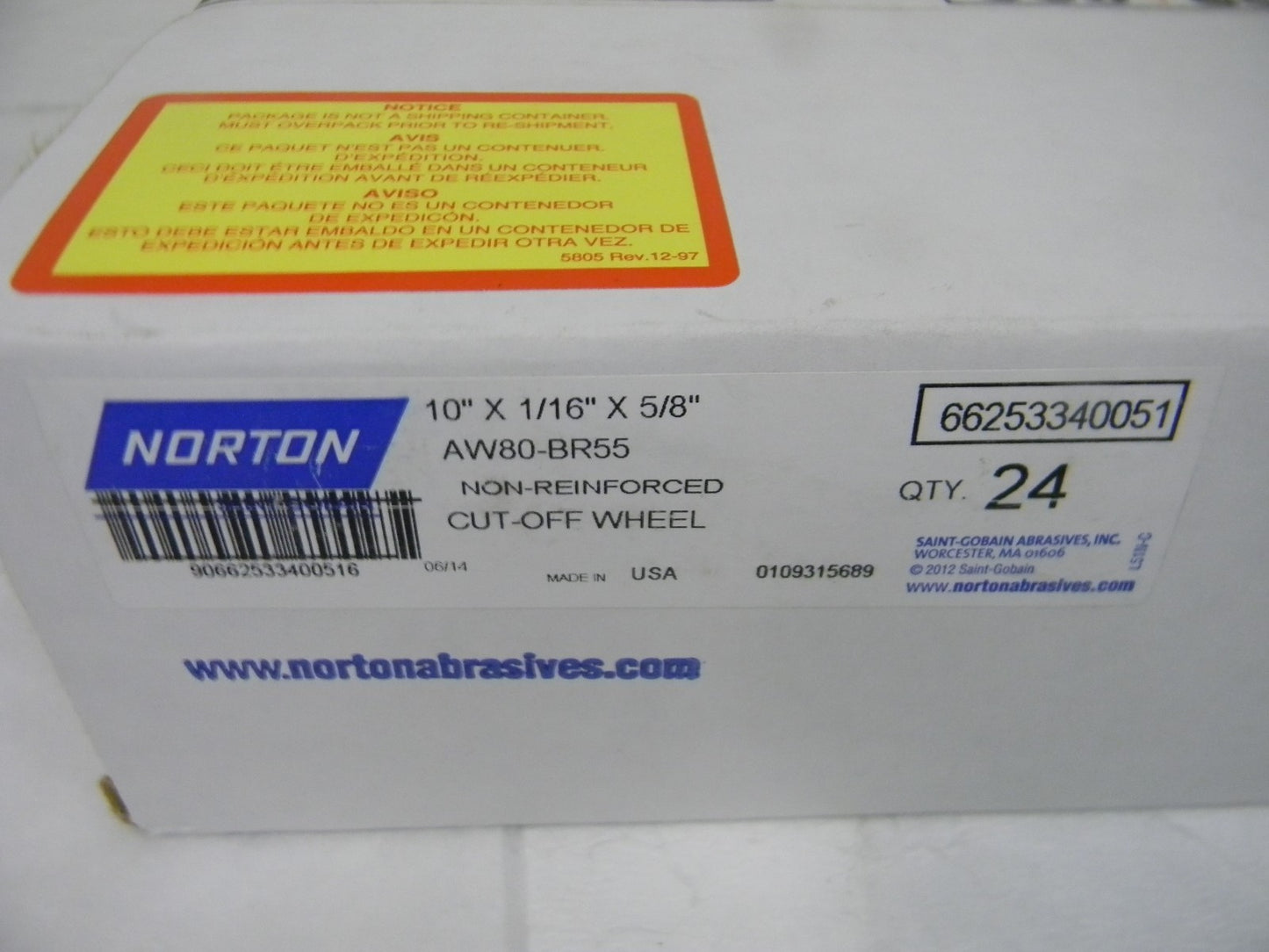 Norton AO Cutoff Wheel 10" 80 Grit 1/16" Thick 5/8" Arbor Qty 24