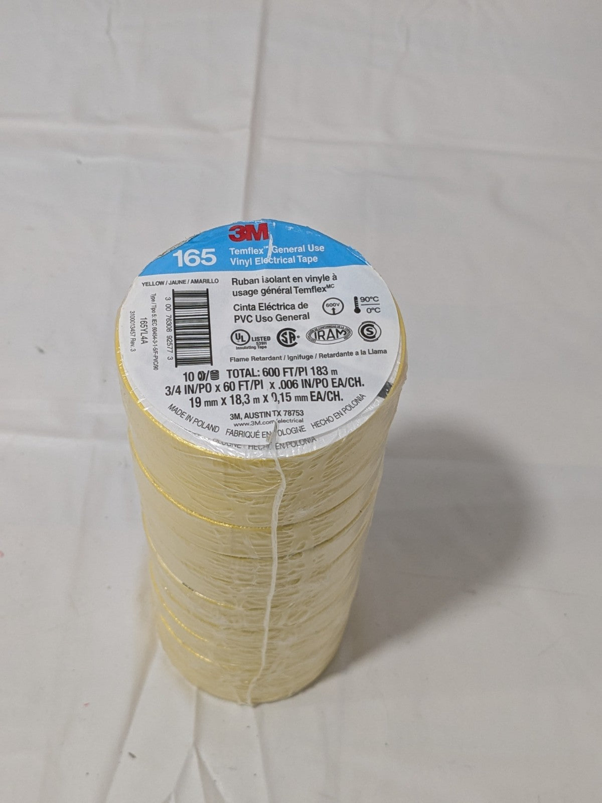 3M Electrical Tape: 3/4" Wide, 60' Long, 6 mil Thick, Yellow Qty 10 7100169490