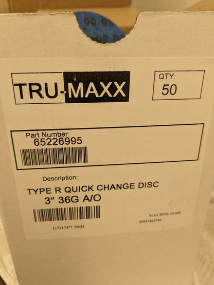TRU-MAXX Quick-Change Disc 50pk: TR, 3" Dia, 36 Grit, Aluminum Oxide 69957323726