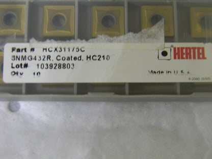 Hertel Carbide Turning Insert SNMG432R Grade-HC210 TiN Coated Box of 6