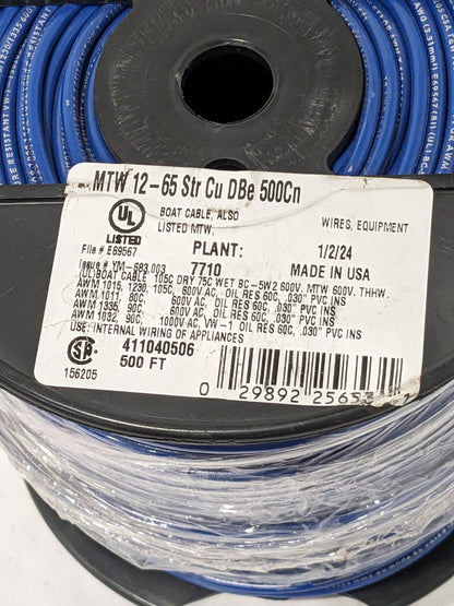 SOUTHWIRE Machine Tool Wire: 12 AWG, Blue, 500' Long, PVC 411040506
