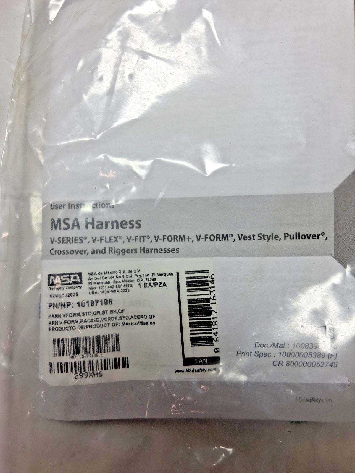 MSA Fall Protection Vest Harnesses 400lb 10197196