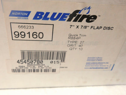 Norton Bluefire Zircona Alumina Flap Disc 7Dia 7/8 Hole 40 Grit Qty-10 99160