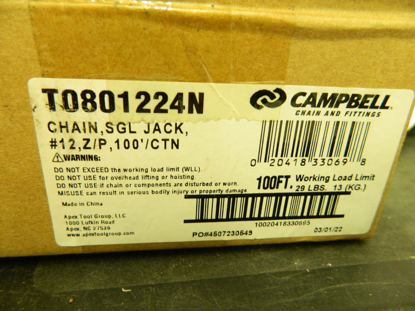 CAMPBELL Weldless Chain Single Jack, #12, Z/P 29Lb Load Cap. 100' T0801224N
