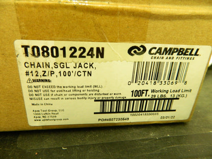 CAMPBELL Weldless Chain Single Jack, #12, Z/P 29Lb Load Cap. 100' T0801224N