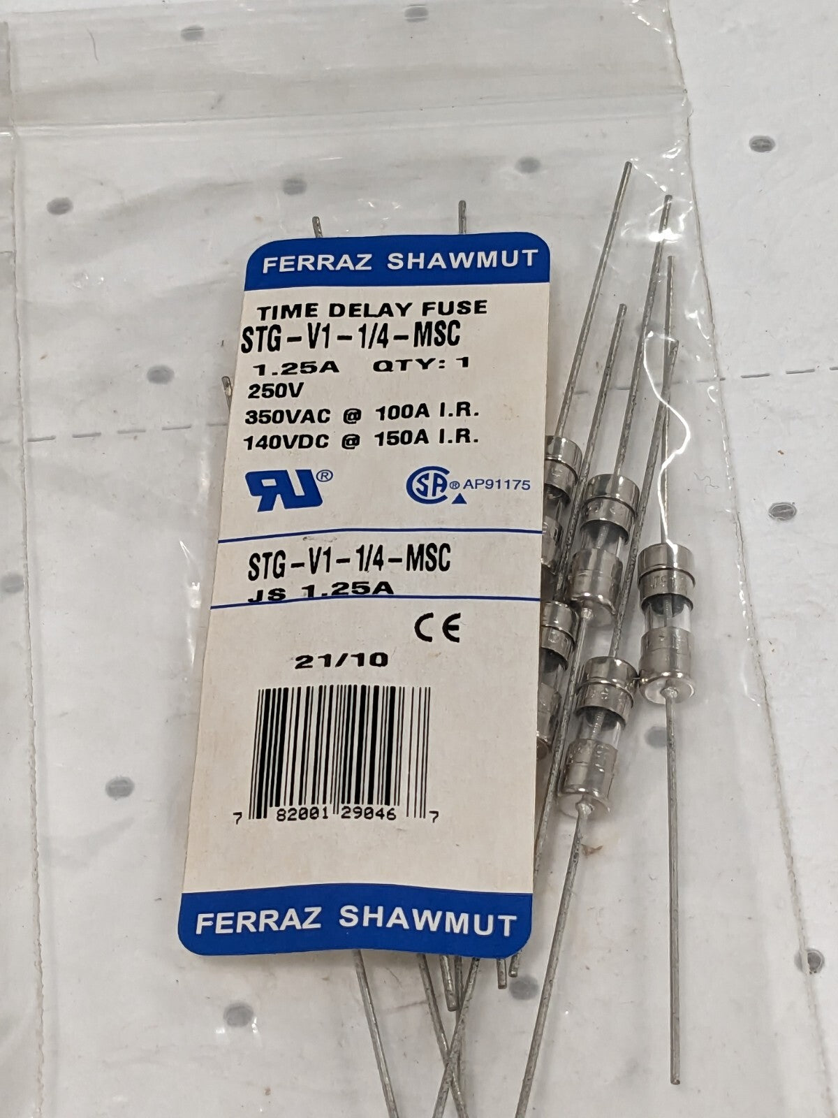 Ferraz Cylindrical Time Delay Fuse 1.25A 15 mm OAL 5 mm Dia Qty 20 STG-V1-1/4MSC