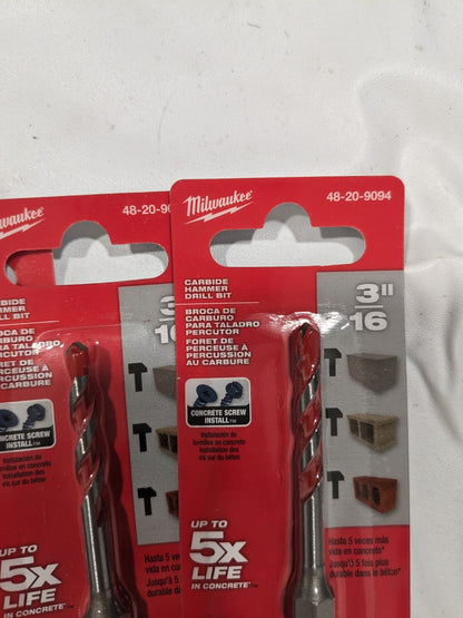 MILWAUKEE SHOCKWAVE CARBIDE HAMMER DRILL BITS FOR CONCRETE 48-20-9094