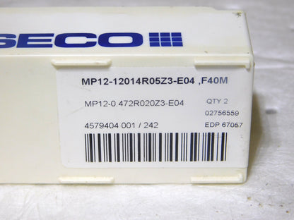 Seco Carbide Milling Tip Insert MP12014R057Z3-E04 Grade-F40M 3Flute QTY 2