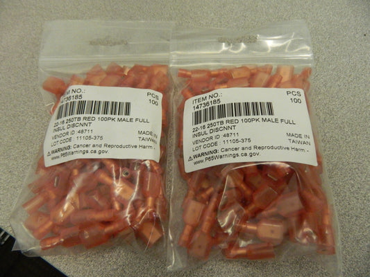 Wire Disconnects qty 200: Male, Red Nylon 22-16 AWG, 1/4″ Tab Width MDFNYD1-250