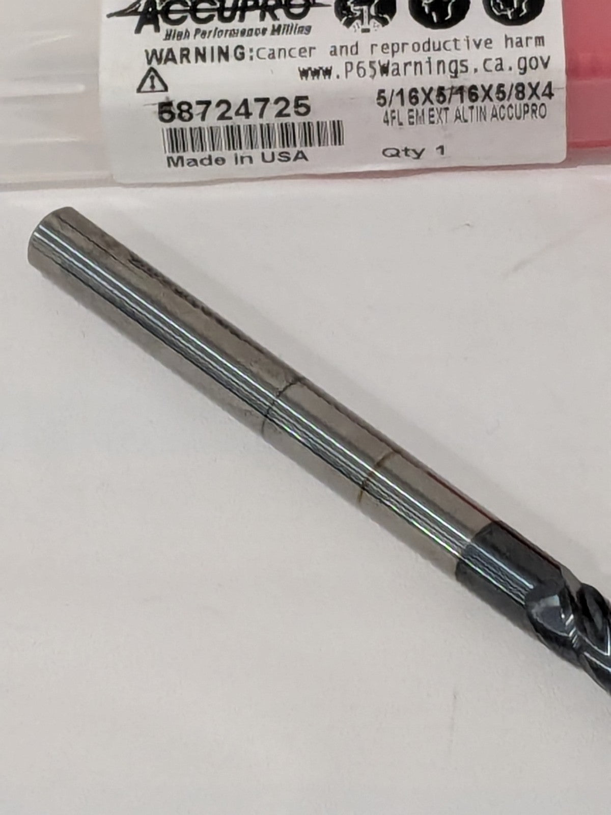 ACCUPRO End Mill: 5/16" Dia, 5/8" LOC, 4 Flute, Solid Carbide 58724725