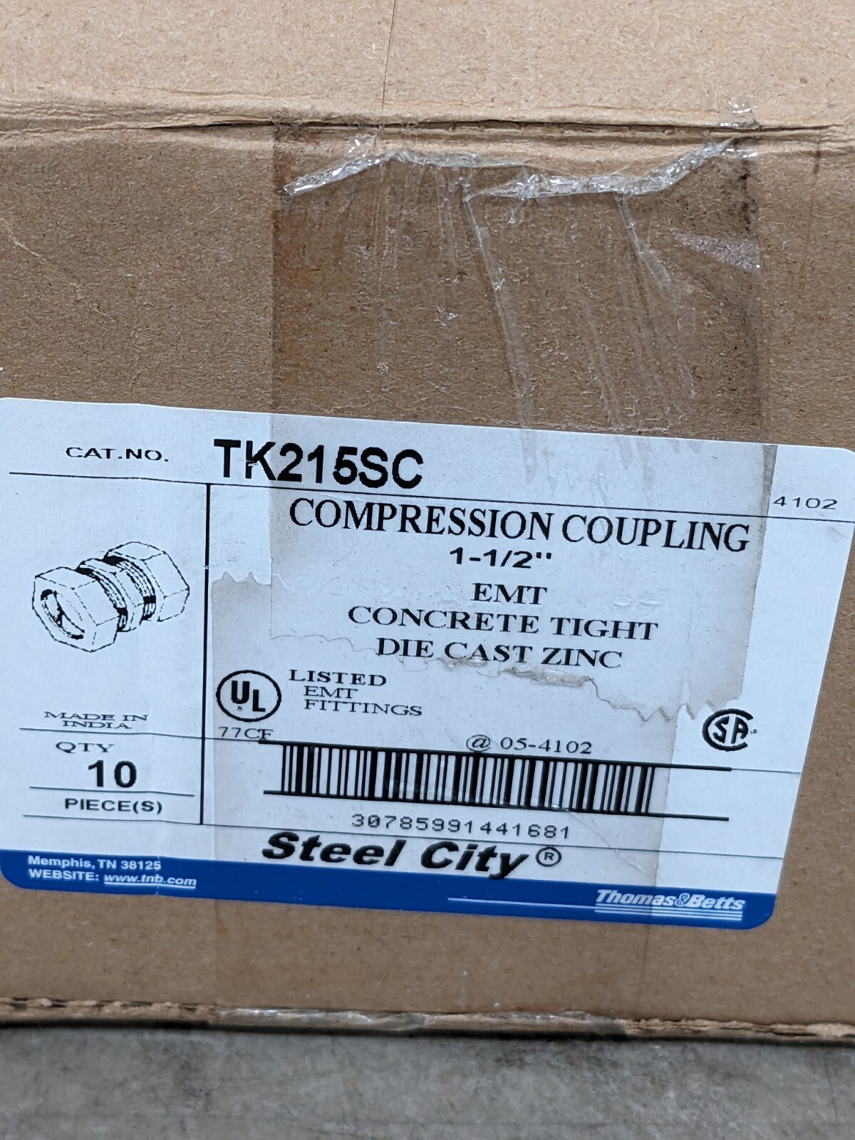 T&B Conduit Coupling: For EMT, Die Cast Zinc, 1-1/2" Trade Size Qty 10 TK215SC
