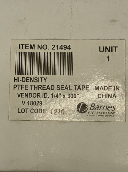 Barnes Hi-Density PTFE Thread Seal Tape 1/4" x 300" Qty 12 Rolls 21494