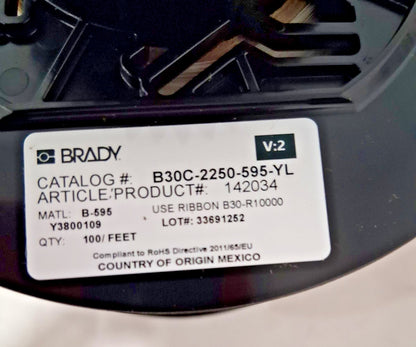 Brady Vinyl Label 2/1" x 100' Vinyl Yellow 142034
