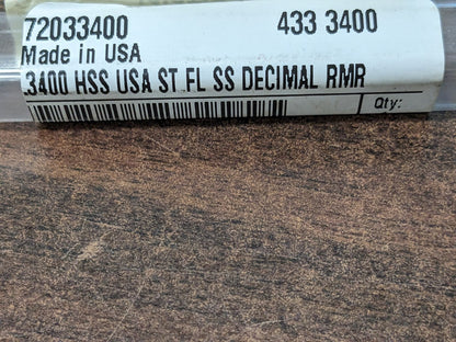 Chucking Reamer: 0.34" Dia, 6" OAL HSS Straight Shank 433-0.3400