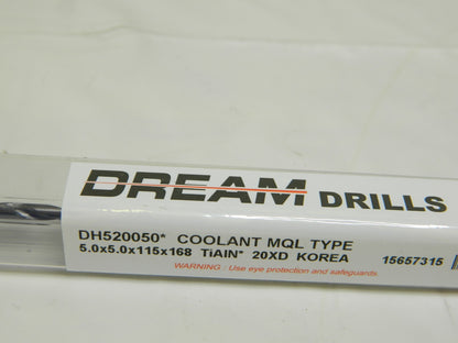 YG-1 5.0 x 5.0 x 115 x 168 Carbide Drill MQL Type W/ Coolant (20XD) DH520050