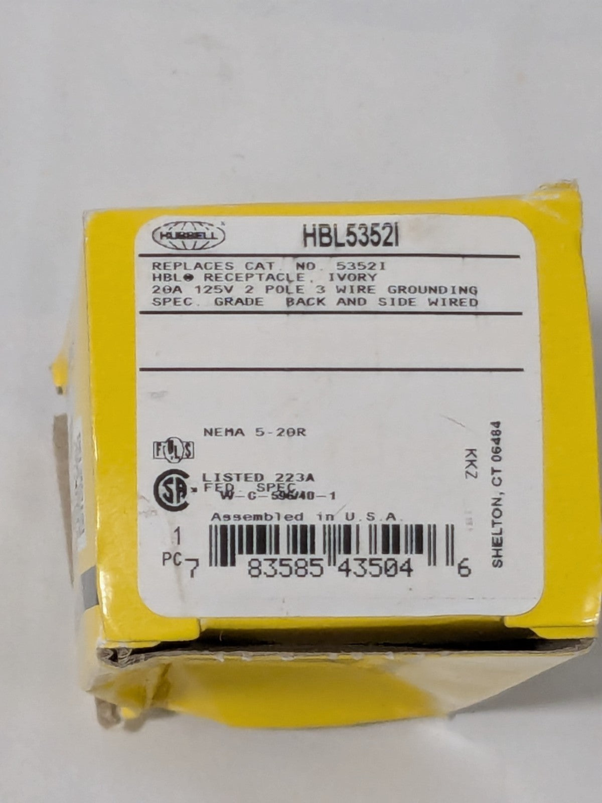 Hubbell Straight Blade Duplex Receptacle: NEMA 5-20R, 20 Amps HBL5352I