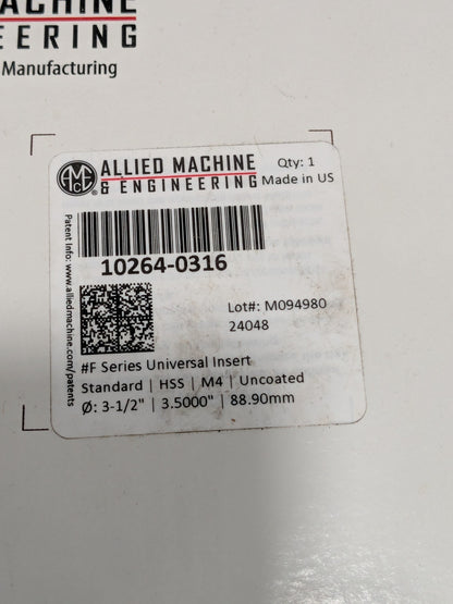 AME Spade Drill Insert: 3-1/2" Dia, Seat Size F, Powdered Metal, 130º 10264