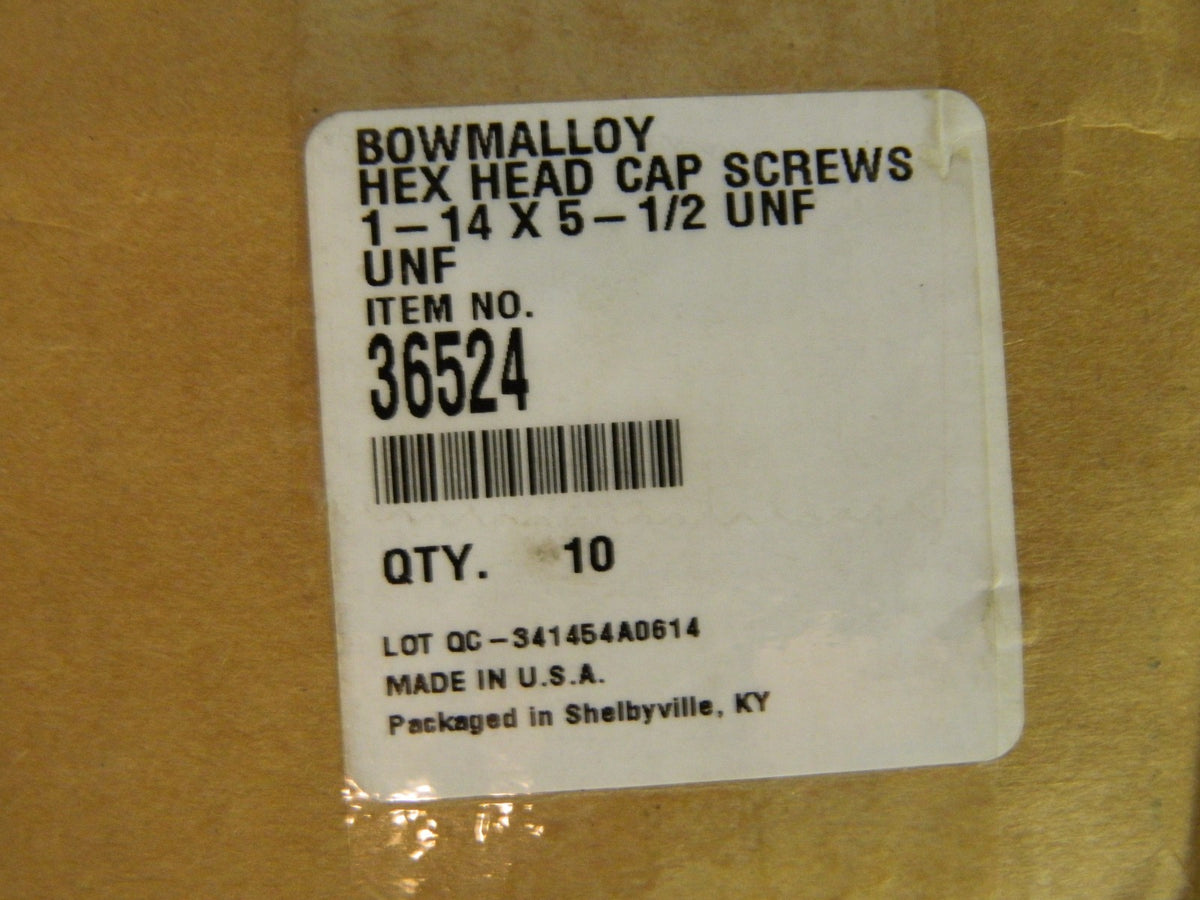 Bowmalloy Hex Head Cap Screw 1-14" Thread 5-1/2" L. Under Head Qty 10 36524