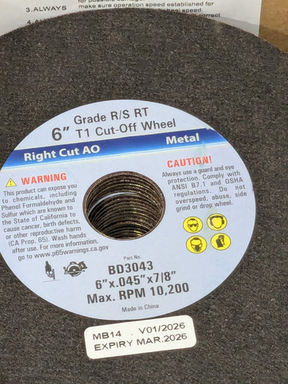 Cutoff Wheel: Type 1 (01/41), 6" Dia, 0.0450" Thick, 7/8" Hole Box of 25 BD3043