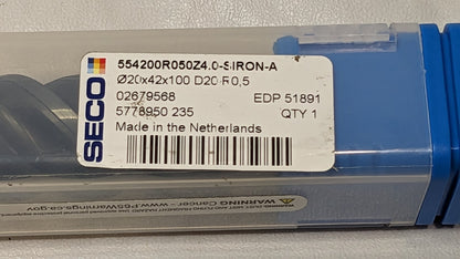 Seco Carbide Corner Radius End Mill 20mm Dia 4FL 554200R050Z4.0-SIRON-A 0267956