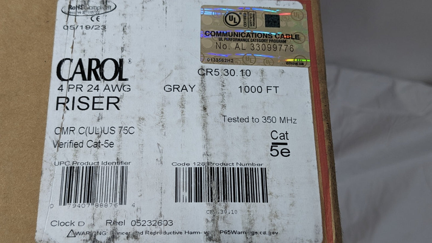 Carol Helix/Hi-Temp Cat 5e Riser Gray 4PR 24AWG Approx 1000 Ft/18 Lbs CR5.30.10