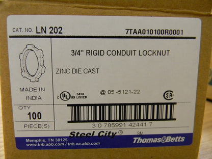 Thomas &amp; Betts Locknut, 3/4", Threaded, Zinc Die Cast Qty 100 LN 202