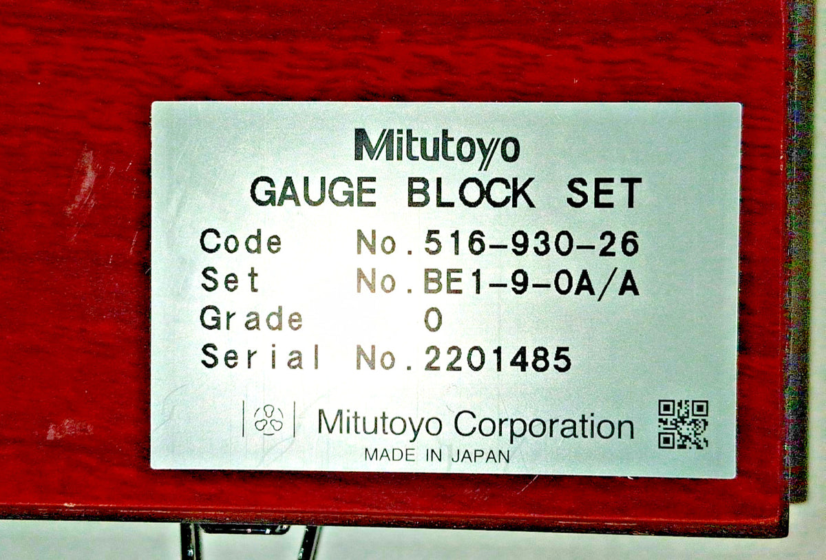 Mitutoyo Gage Block Set 0.0625 to 2" 9 Pc 0 Grade Steel 516-930-26