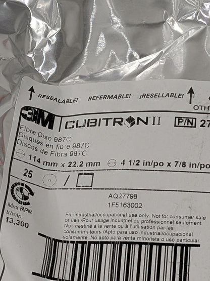 3M Fiber Disc: 4-1/2" Disc Dia, 7/8" Hole, Arbor Hole, 36G Pack of 25 7000119175