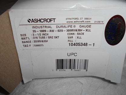 Ashcroft Pressure Gage 3-1/2" Dial 30-0-30 Back Mount 351009A2BLLV/30