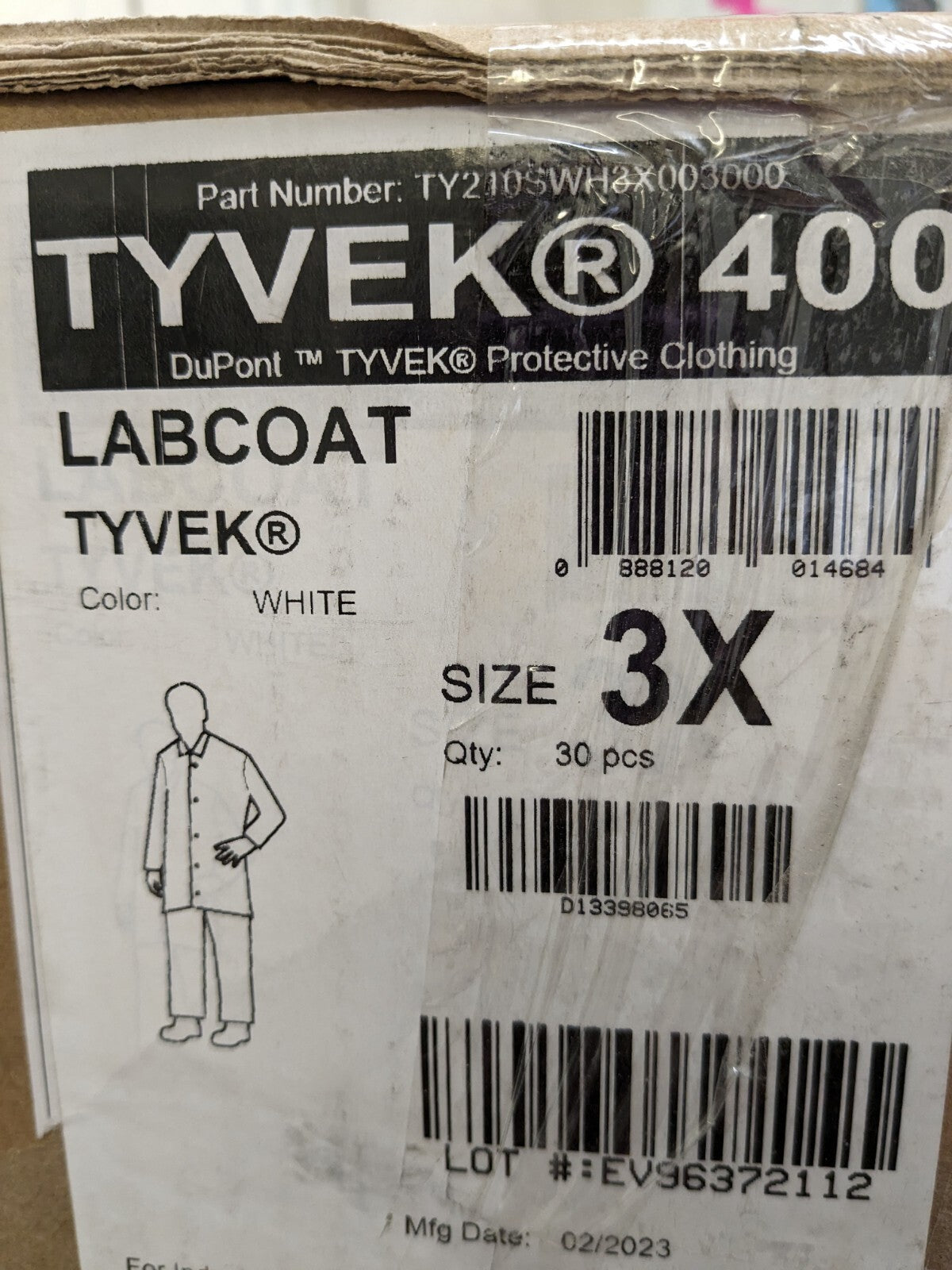 DUPONT Lab Coat: 1.2 oz/sq yd, Size 3X-Large, Tyvek Qty 30 TY210SWH3X00300