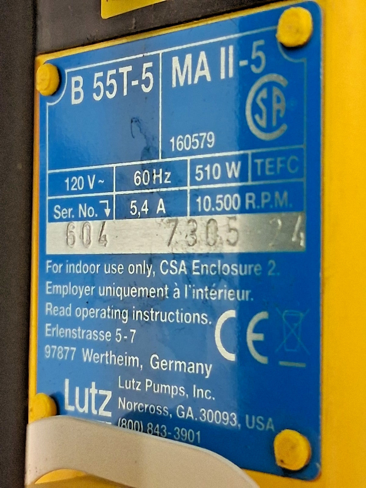 Lutz Pump Motor 100-120V 510W 60Hz B55T