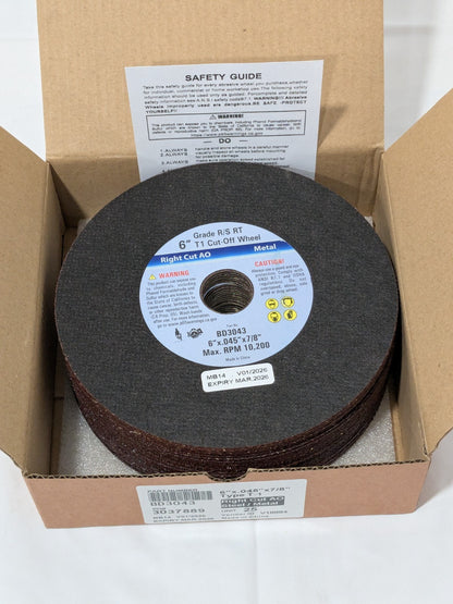 Cutoff Wheel: Type 1 (01/41), 6" Dia, 0.0450" Thick, 7/8" Hole Box of 25 BD3043