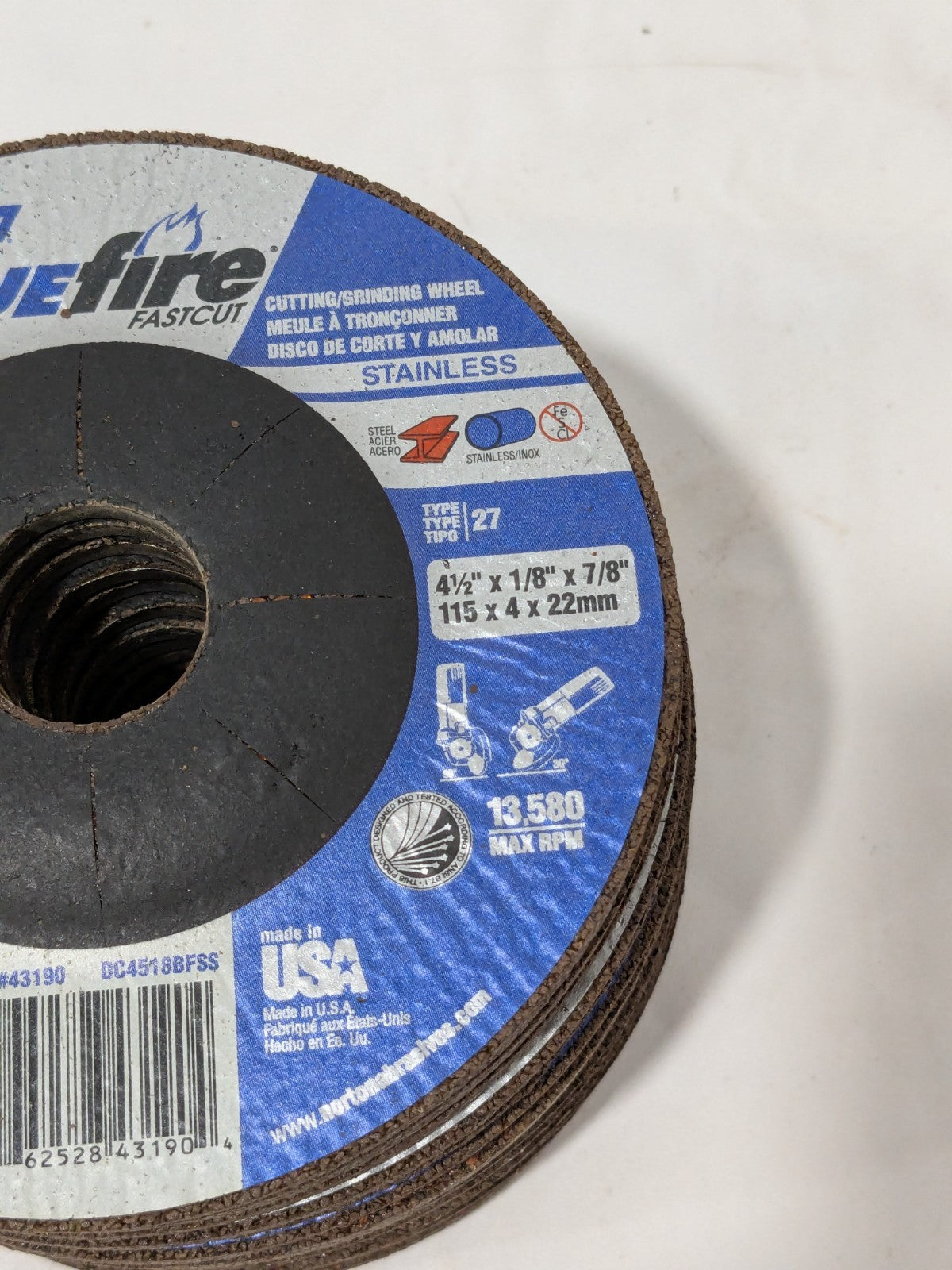 (14) Norton Depressed-Center Wheel 4-1/2" Dia, 1/8" Thick, 7/8" Hole 66252843190