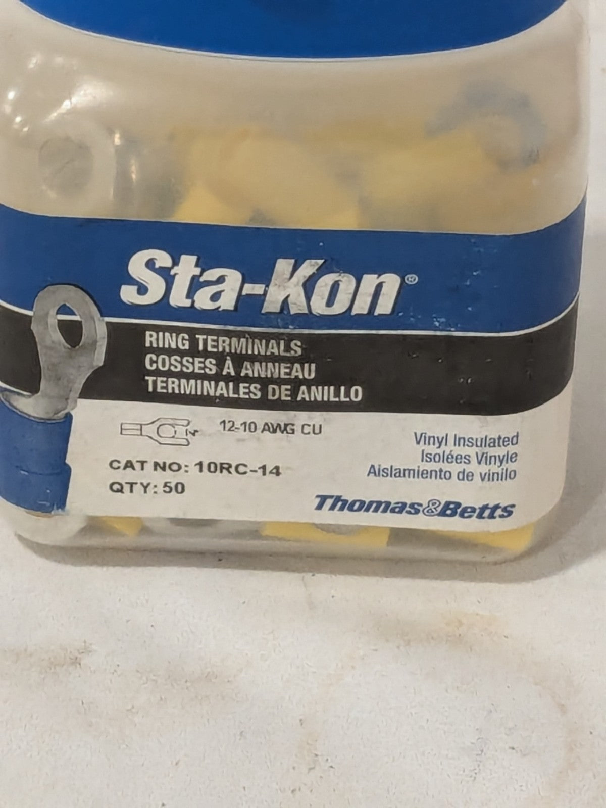 T&B D-Shaped Ring Terminal: 12 to 10 AWG, Crimp Connection Qty 50 10RC-14