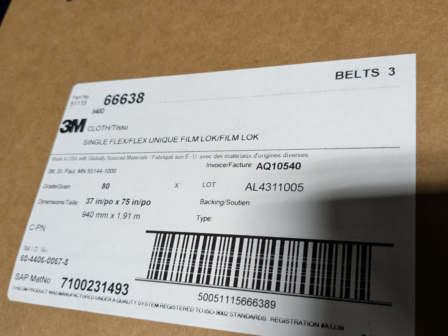Lot of 3 - 3M Abrasive Belt 75" x 37" Aluminum Oxide Cloth Belt 80 Grit 66638