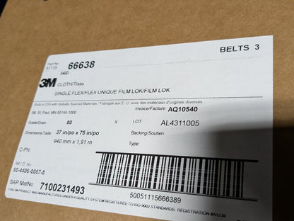 Lot of 3 - 3M Abrasive Belt 75" x 37" Aluminum Oxide Cloth Belt 80 Grit 66638