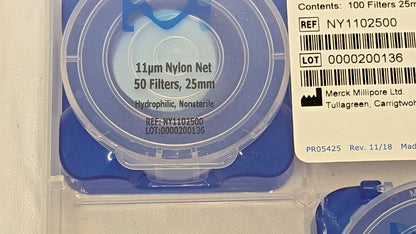 PACK OF 100 Millipore Nylon Net Filters Hydrophilicic 11 µm 25 mm Diam NY1102500