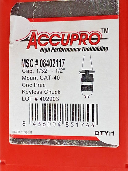 Accupro Drill Chuck Integral Shank Mount 1/32 to 1/2" Capacity CAT40 08402117