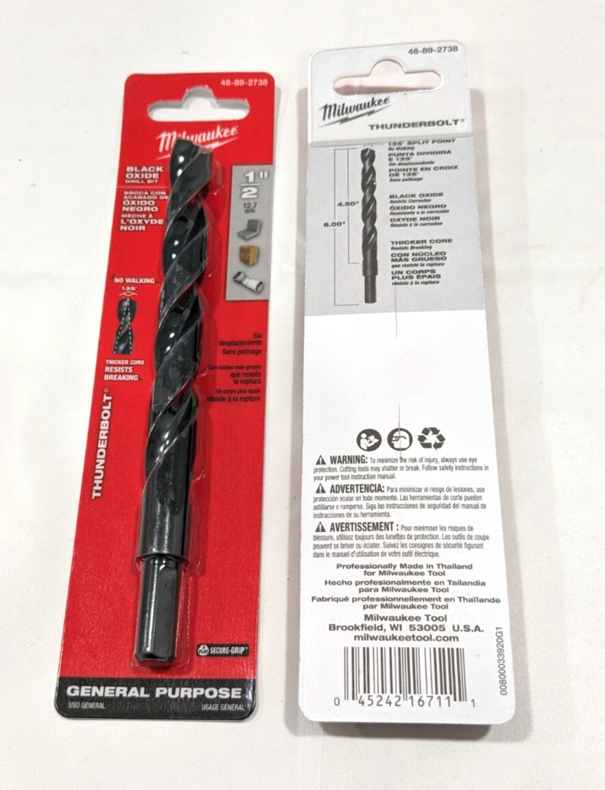 MILWAUKEE  Jobber Length Drill Bit 1/2" (0.500") Dia HSS 48-89-2738  *2 PACK*