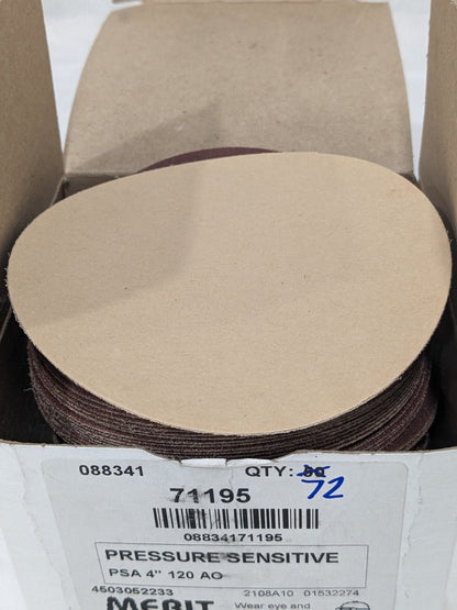 Merit PSA Disc: 4" Disc Dia, 120 Grit, Aluminum Oxide Qty 72 08834171195
