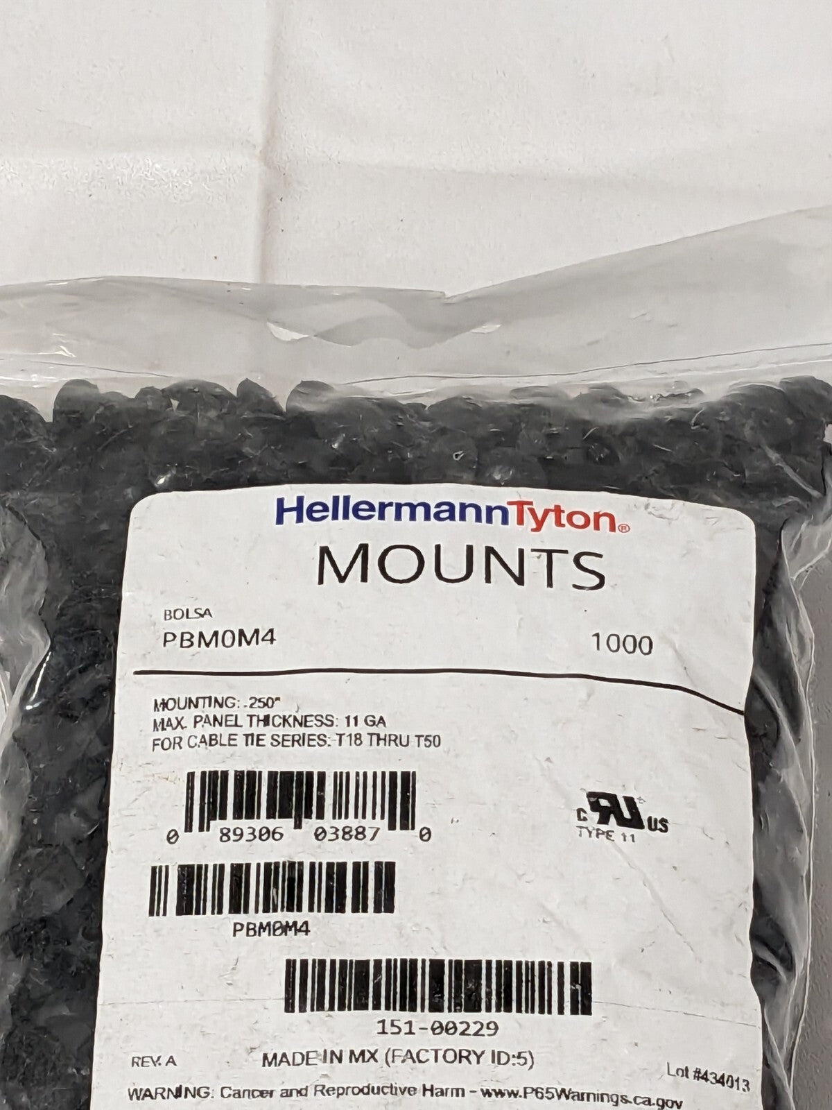 HellermannTyton Push-Button Cable Tie Mount, .25" Hole Dia Pack of 1000 PBM0M4