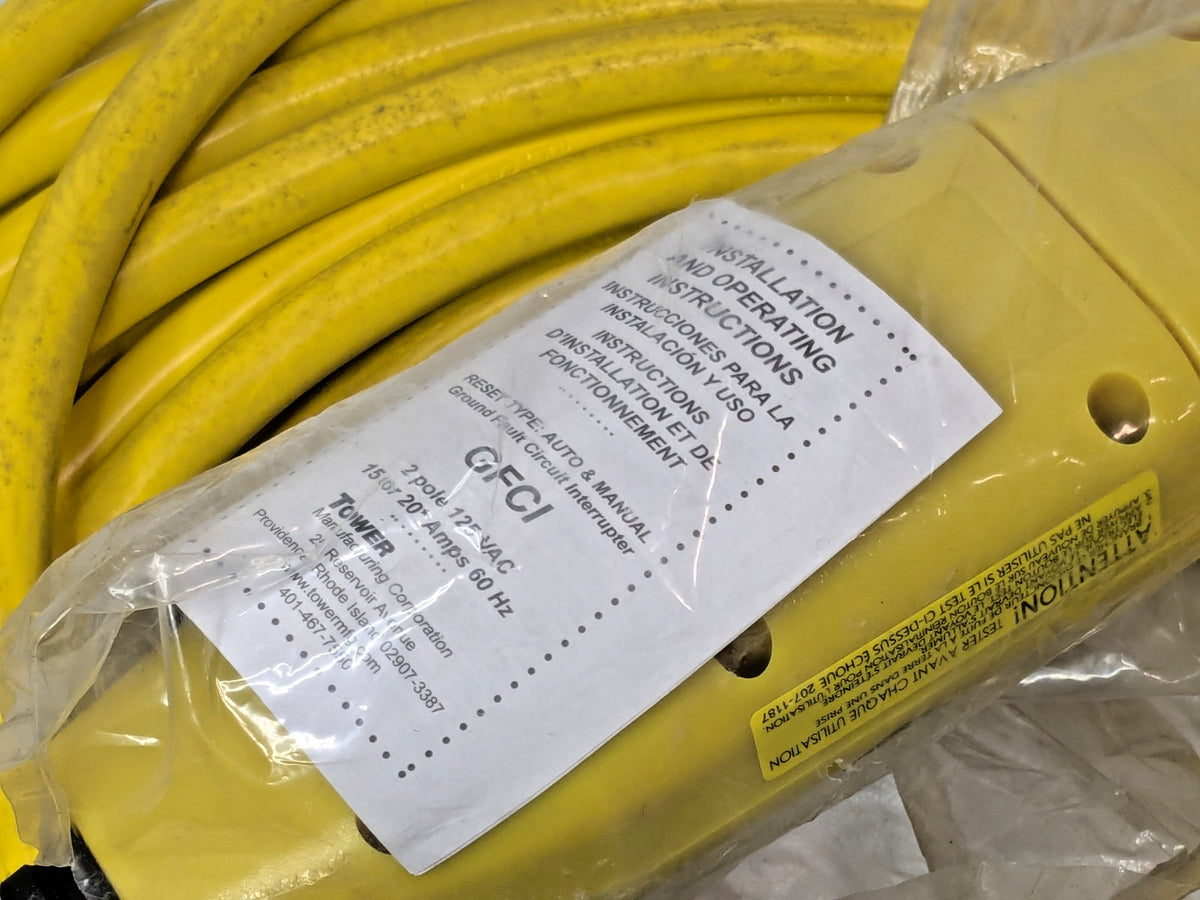 Tower MFG 50 Ft Auto-Reset 15A Inline GFCI Triple Tap Cord Yellow 30438303-01