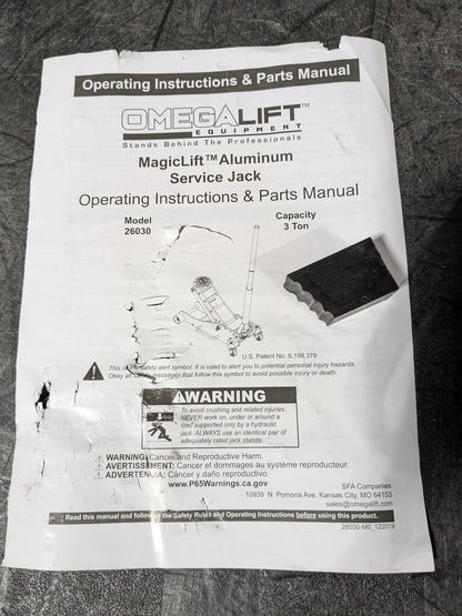 OMEGA Floor Jack: Aluminum 3 Ton Capacity Service  26030
