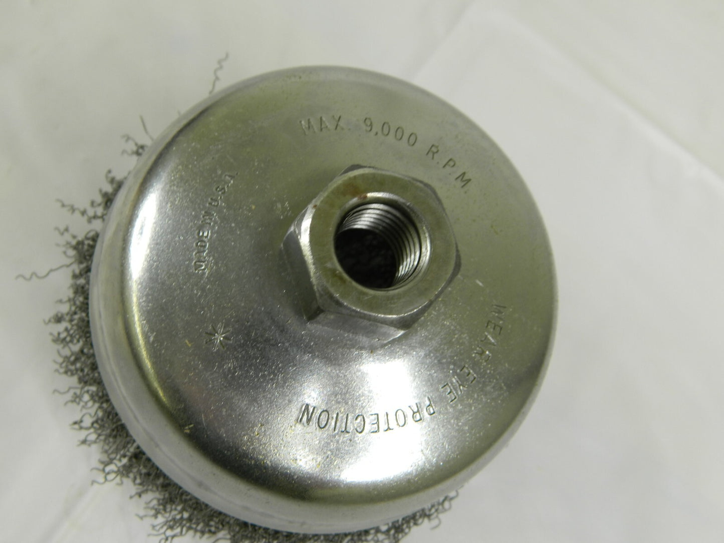 WEILER Cup Brush: 4″ Diam, 0.014″ Wire Diam, Steel, Crimped 93652